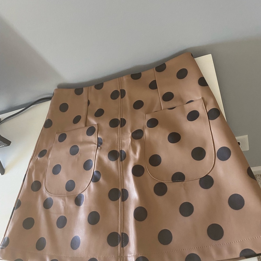 ZARA Brown Faux leather skirt with pockets, Size S (Polka dots)